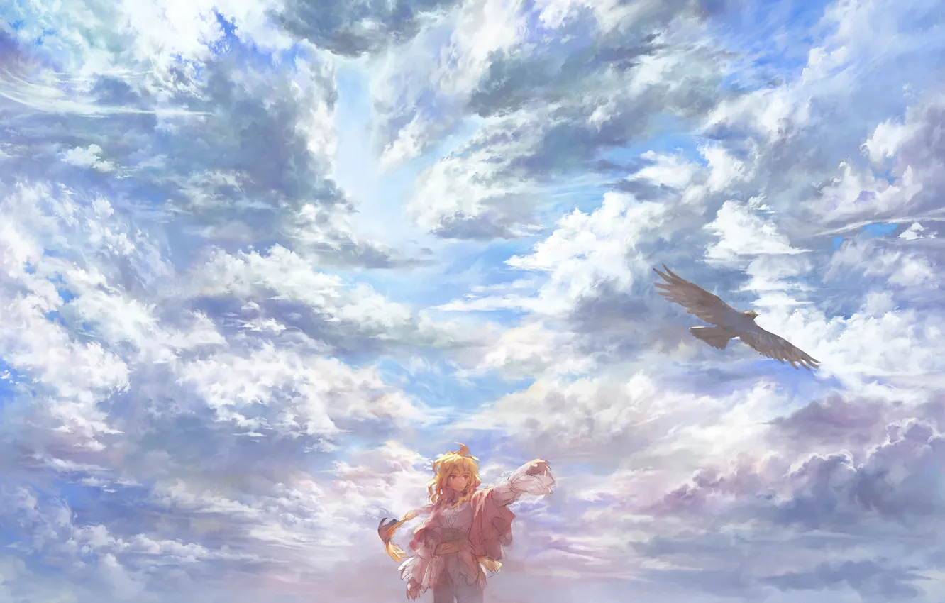 Photo wallpaper the sky, clouds, the wind, bird, Girl