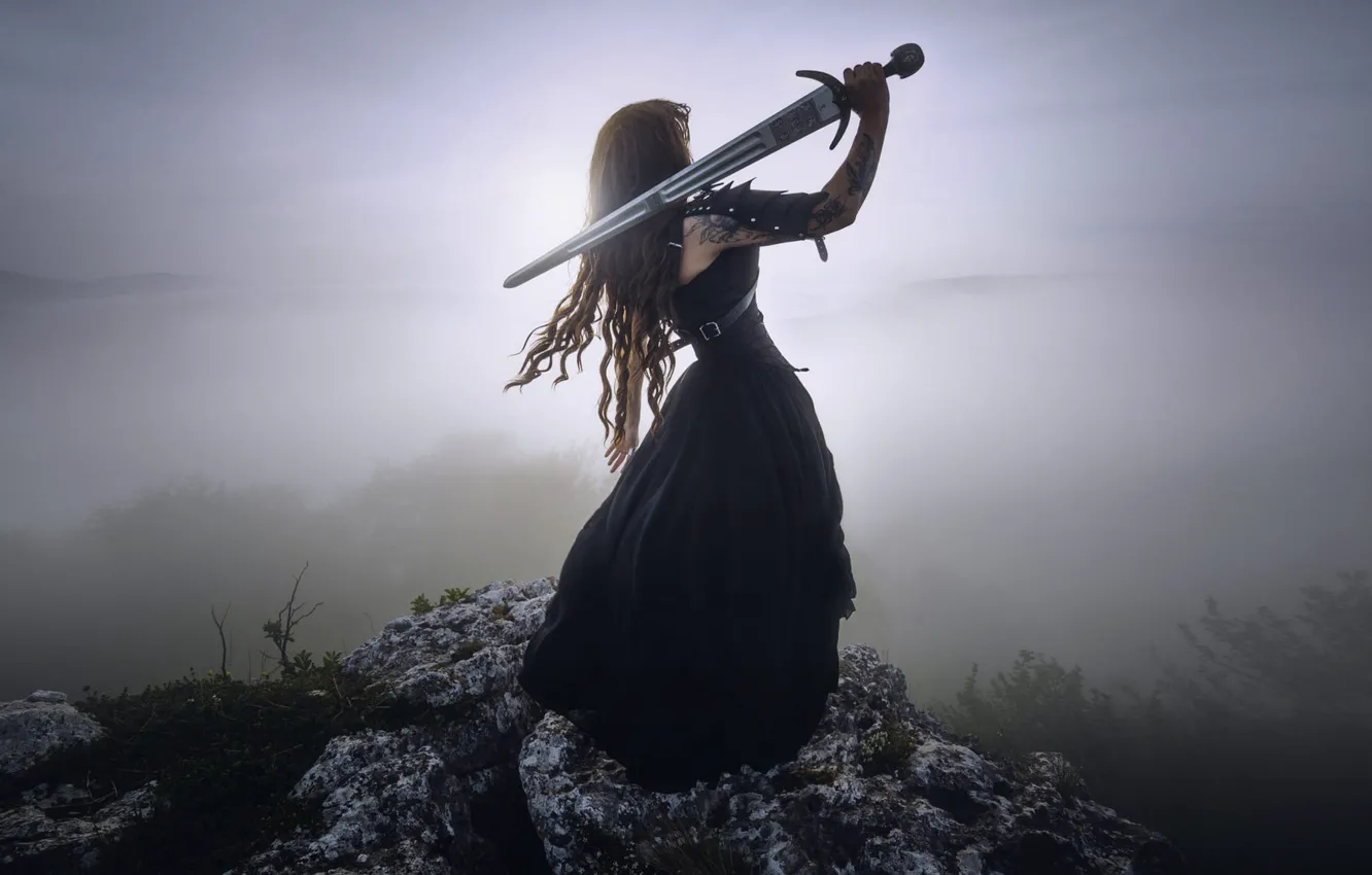 Photo wallpaper girl, nature, fog, stones, weapons, open, rocks, romance