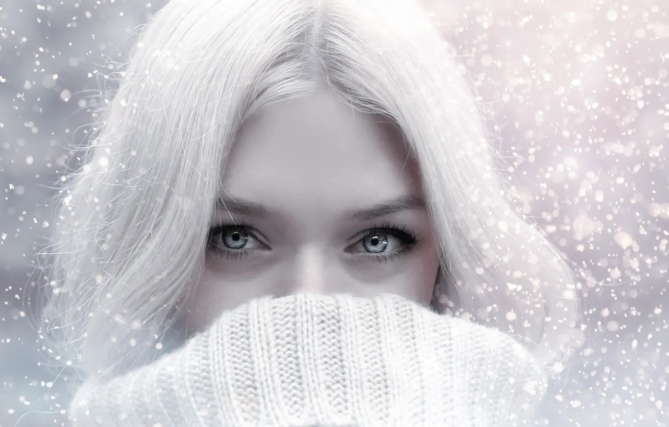 Photo wallpaper winter, look, girl, snow, rendering, portrait, scarf, blonde
