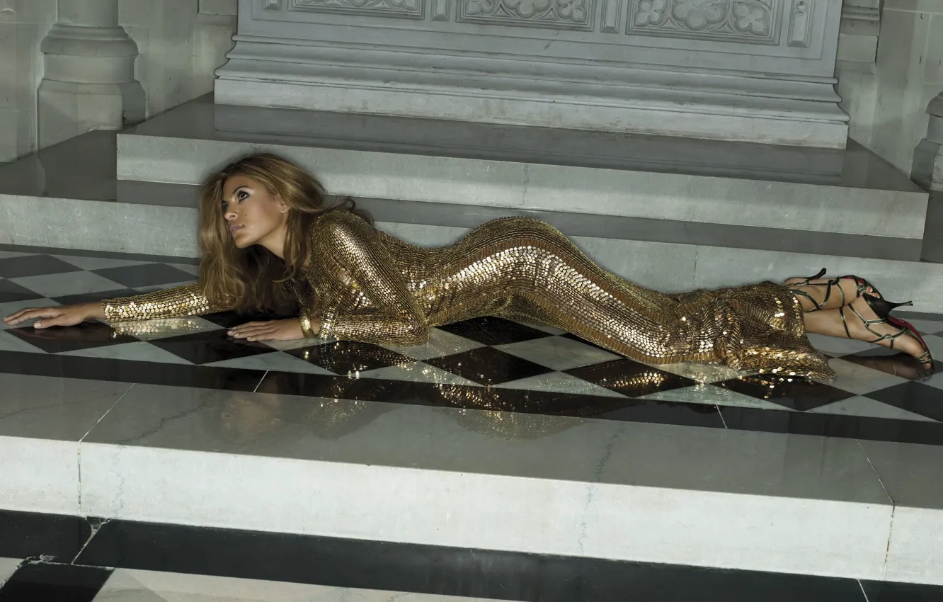 Photo wallpaper actress, Eva Mendes, floor, Eva Mendes, Golden dress