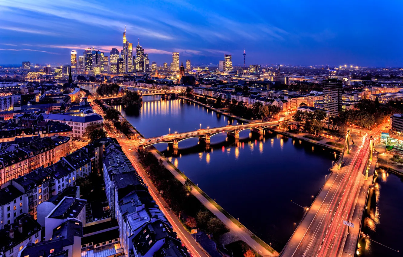Photo wallpaper lights, river, building, Germany, panorama, bridges, night city, Germany