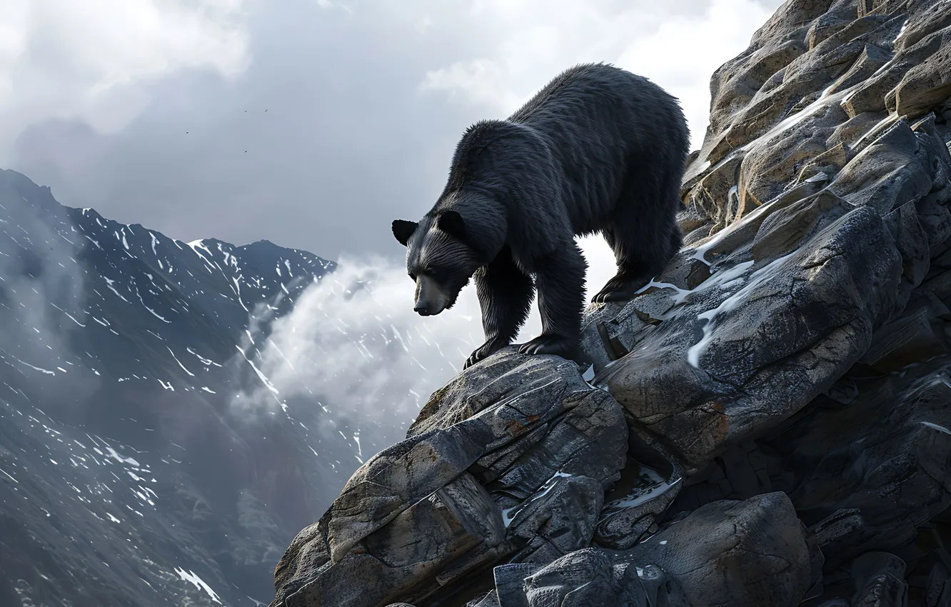 Photo wallpaper mountains, predator, bear, digital art, Black bear, AI art, The Art of Artificial Intelligence, neural …