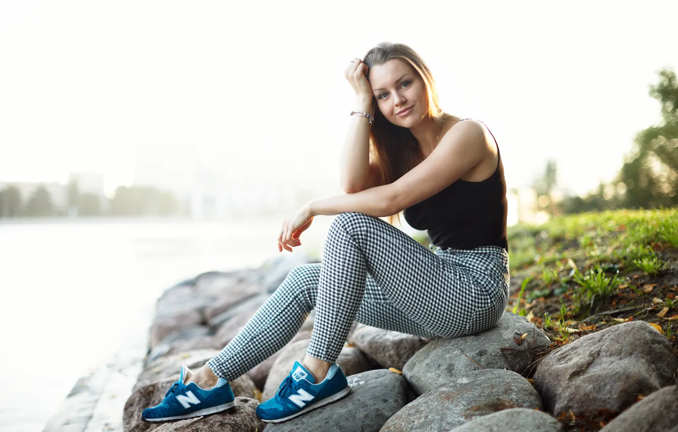 Photo wallpaper look, girl, face, stones, sitting, Nastya