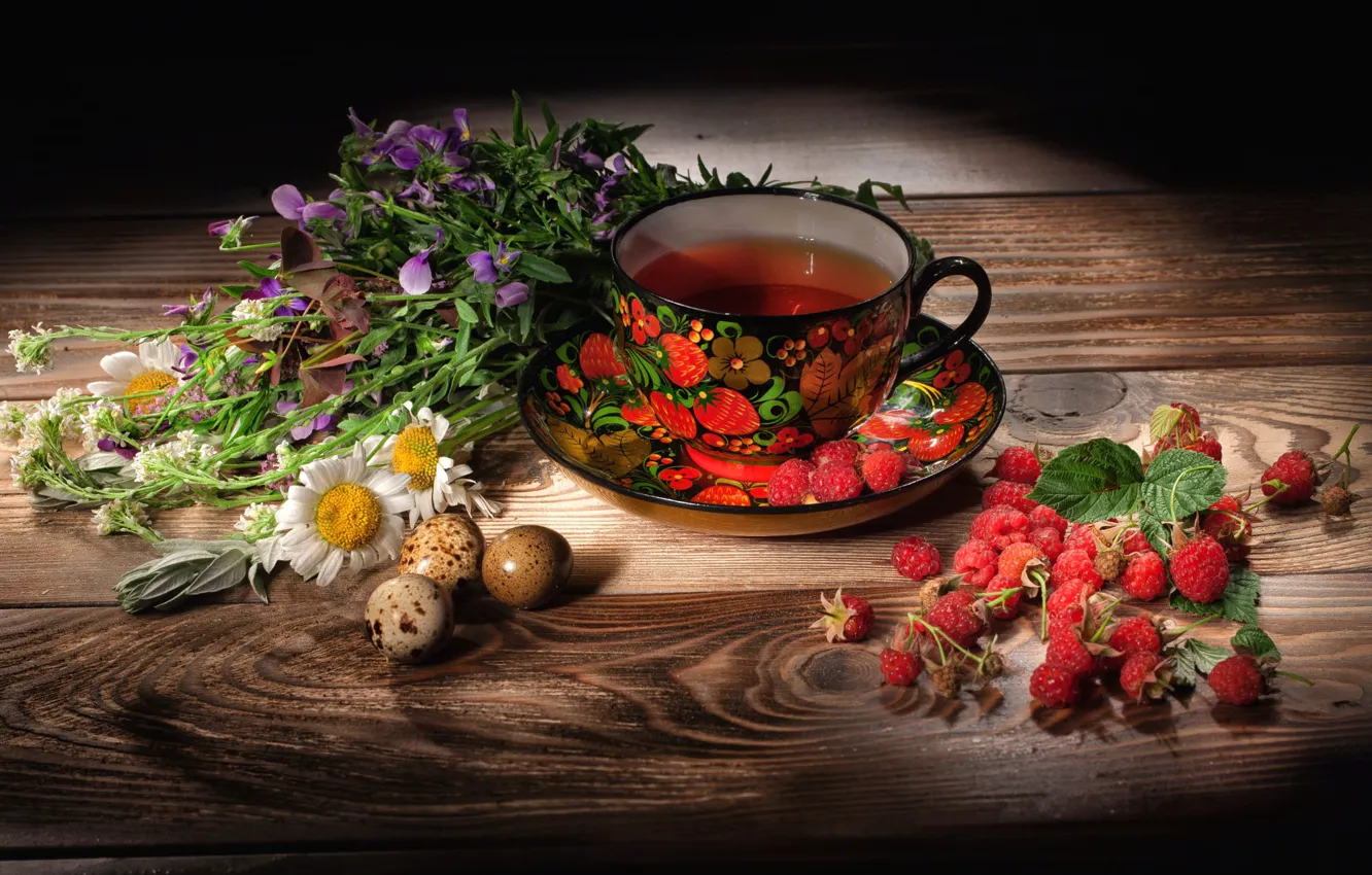 Photo wallpaper flowers, berries, raspberry, tea, chamomile, Cup, still life, items