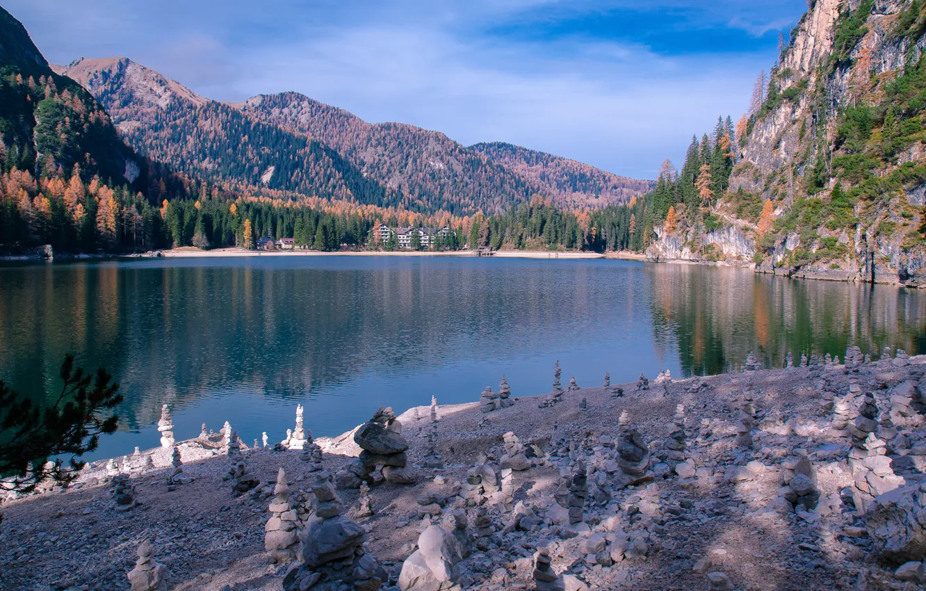 Photo wallpaper autumn, mountains, Italy, Lake Braies