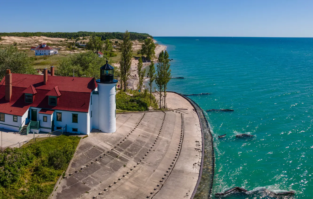 Photo wallpaper trees, lake, lighthouse, Michigan, Lake Michigan, Michigan, Lake Michigan, Point Betsie Lighthouse