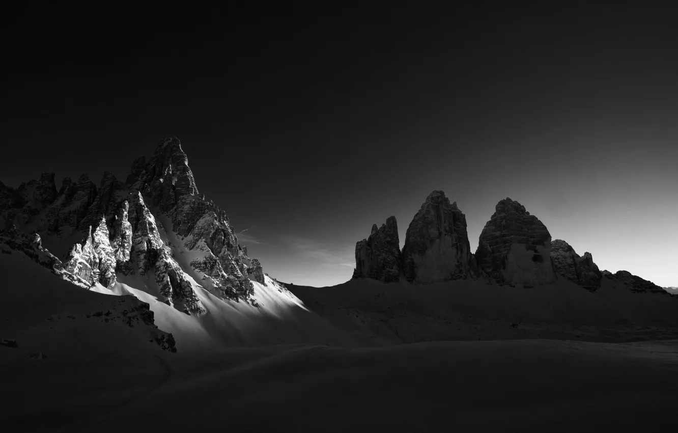 Photo wallpaper winter, the sky, snow, mountains, nature, rocks, Italy, black and white