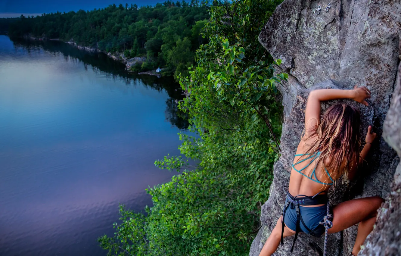 Photo wallpaper girl, landscape, nature, rock, lake, sport, Canada, Ontario