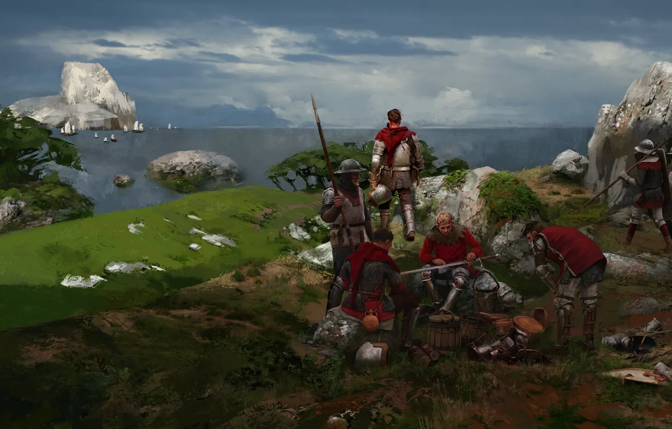 Photo wallpaper sea, the sky, weapons, ship, armor, warrior, soldiers, halt