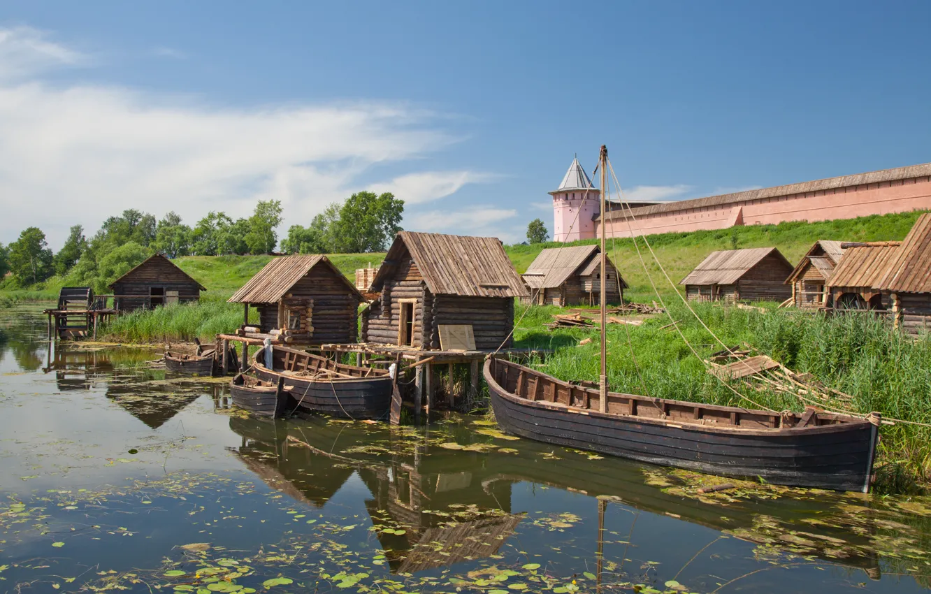 Photo wallpaper river, Wallpaper, tower, home, boats, the Kremlin, wallpaper, wooden
