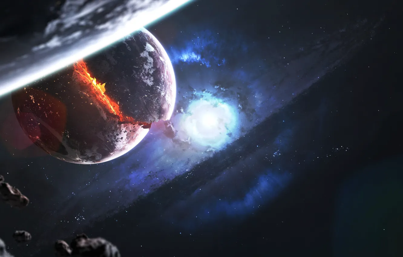 Photo wallpaper space, stars, light, the explosion, nebula, fragments, space, planet