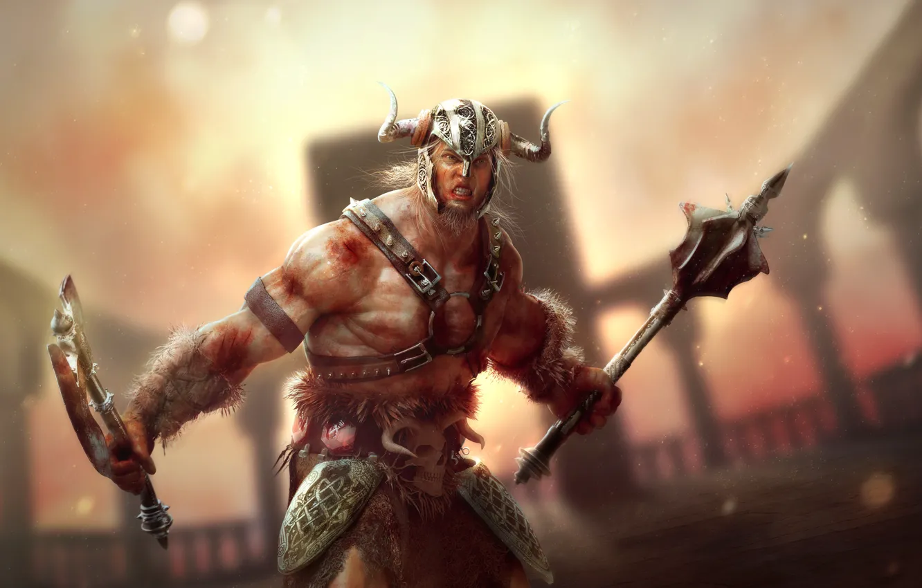 Photo wallpaper anger, blood, helmet, axe, barbarian