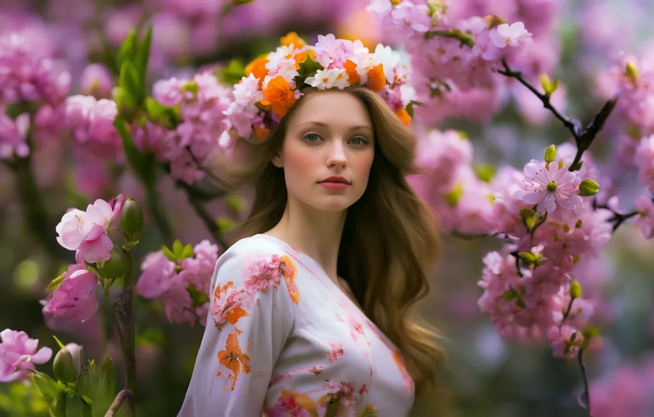 Photo wallpaper girl, landscape, flowers, nature, spring, flowering trees, Spring garden, AI ART