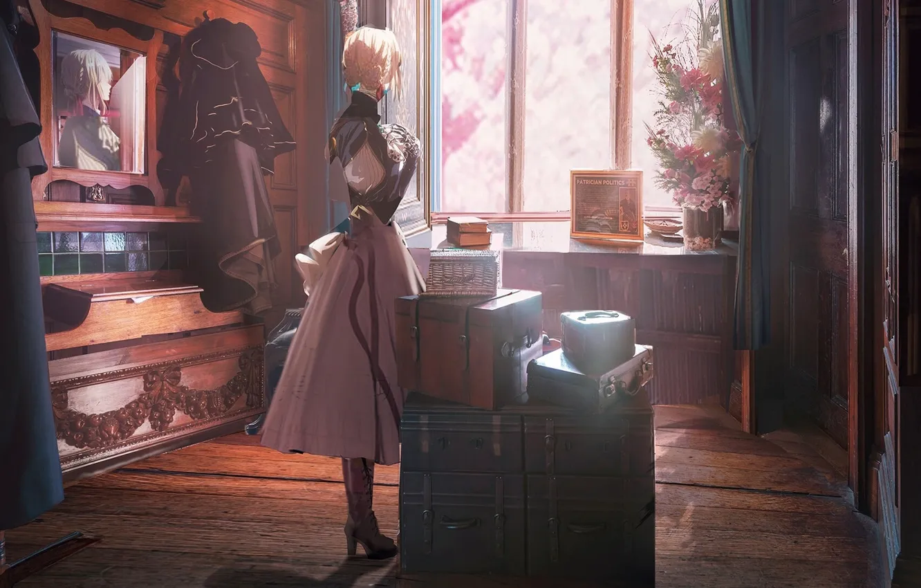 Photo wallpaper mirror, wardrobe, in the room, window, suitcases, iron hand, from the back, Violet Evergarden