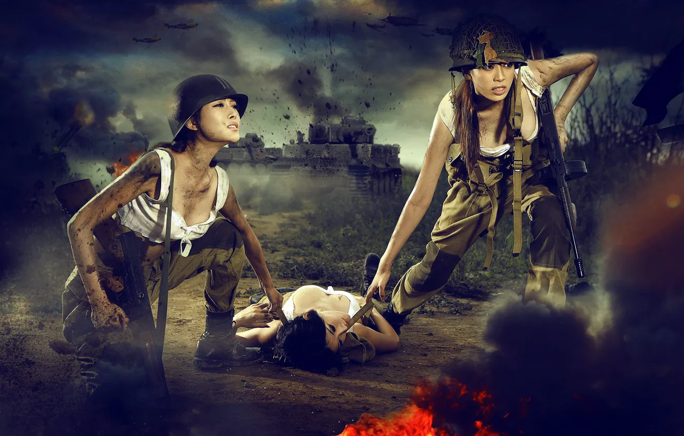 Photo wallpaper the explosion, lights, weapons, war, the situation, Japan, tank, Asian