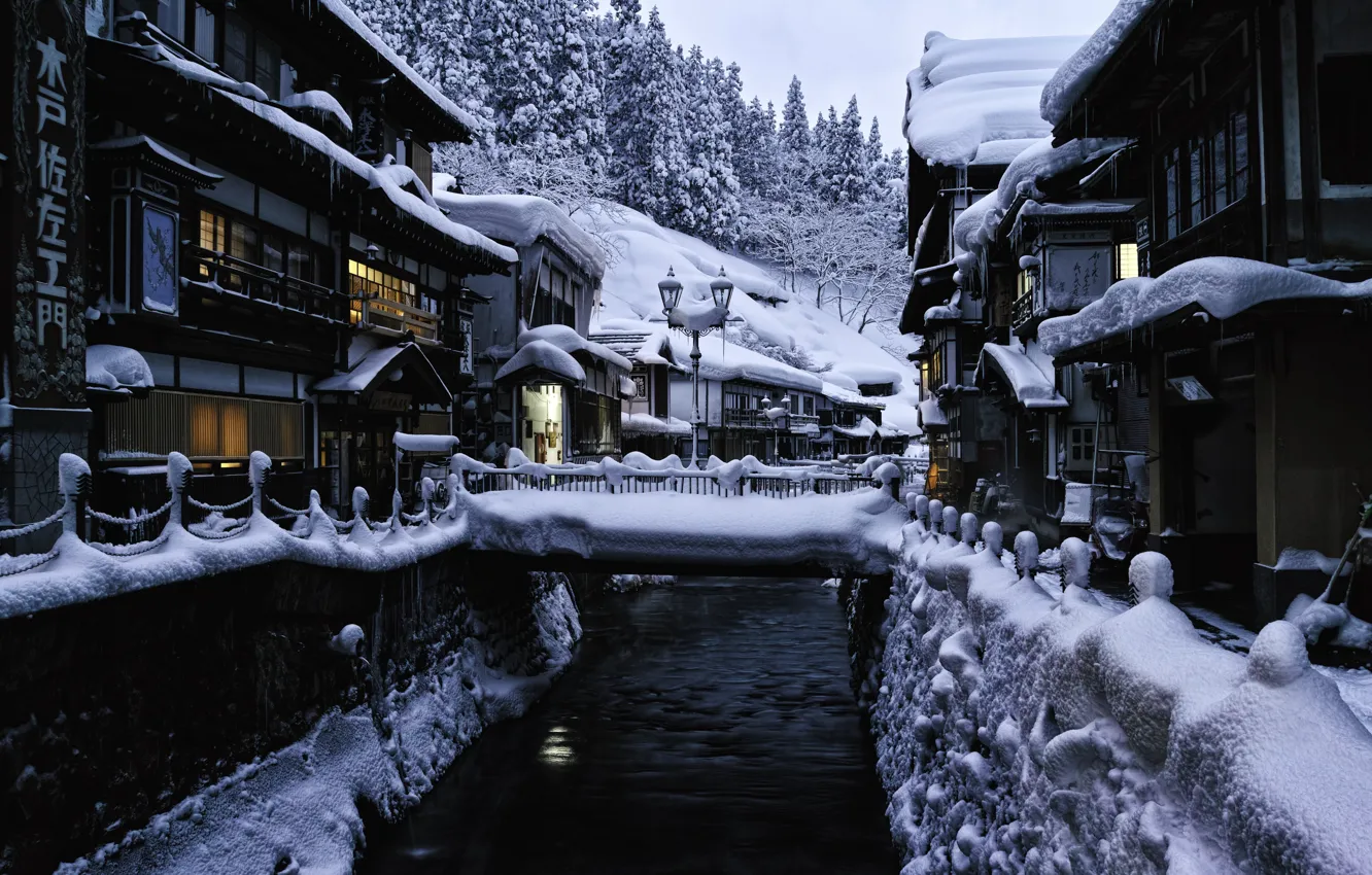 Photo wallpaper winter, snow, landscape, home, Japan, lights, bridges, source