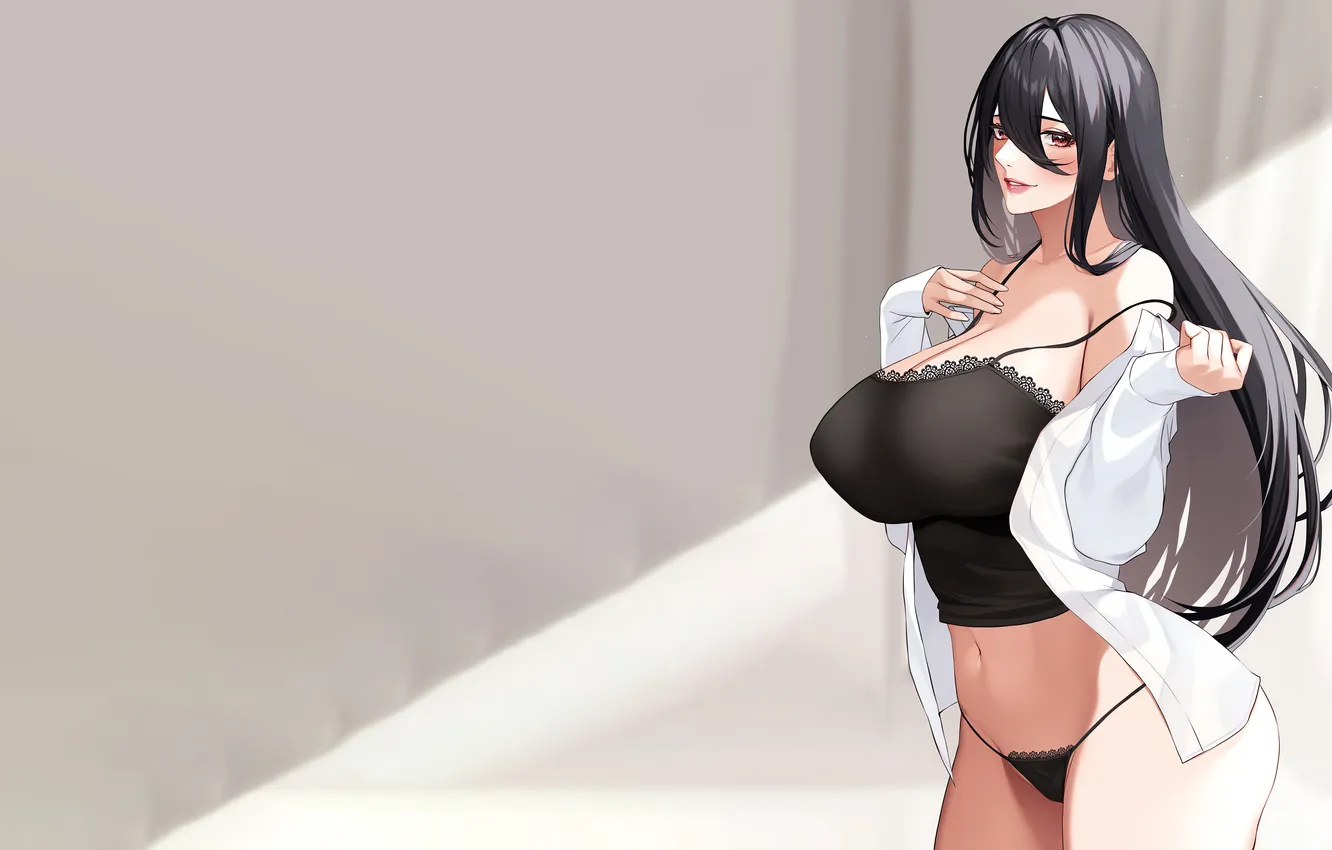 Photo wallpaper girl, sexy, lingerie, cleavage, blouse, panties, long hair, boobs