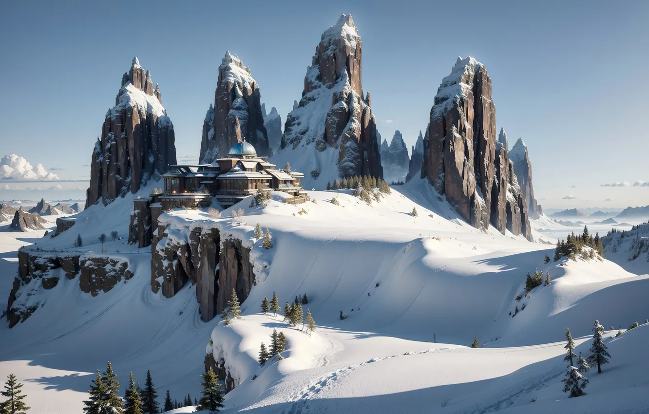 Photo wallpaper landscape, art, winter, rocks, snow, painting, digital art, cottage