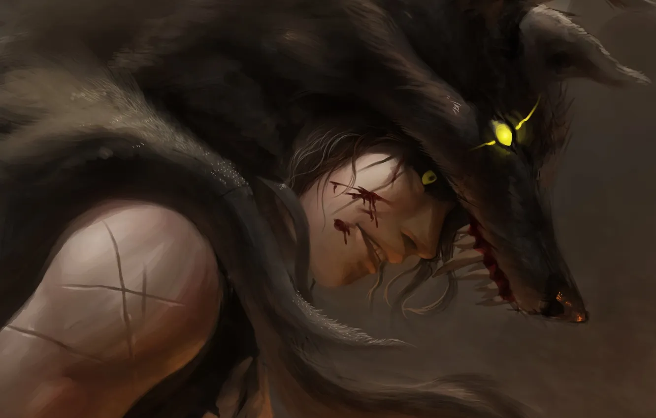 Photo wallpaper eyes, blood, wolf, art, skin, guy