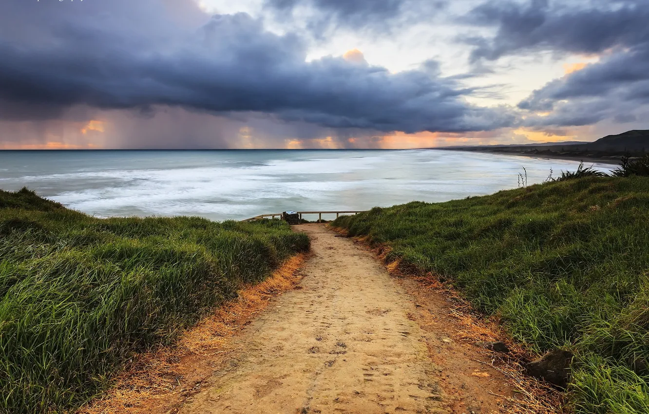Photo wallpaper road, sea, sunset, clouds, shore