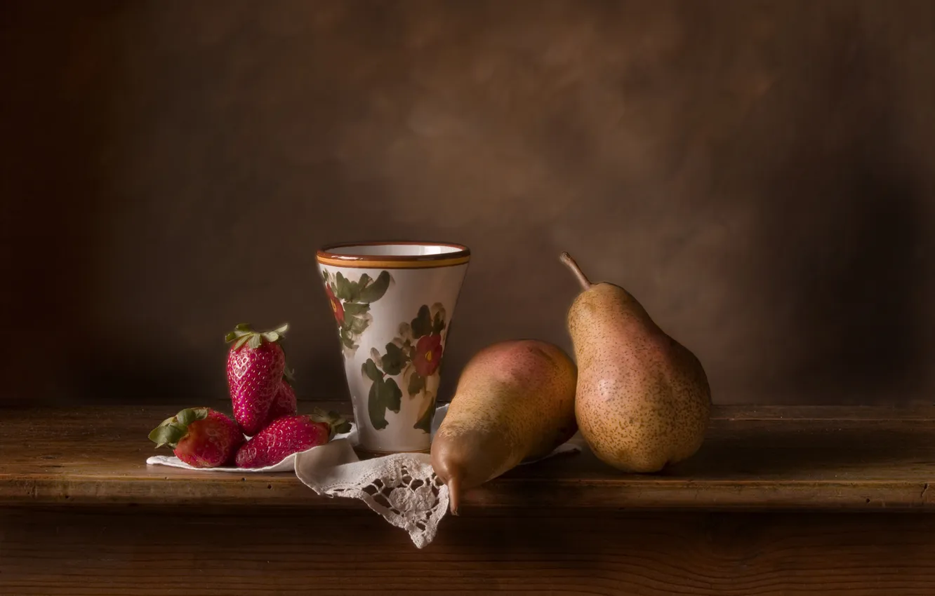 Photo wallpaper berries, table, background, strawberry, dishes, fruit, pear, napkin