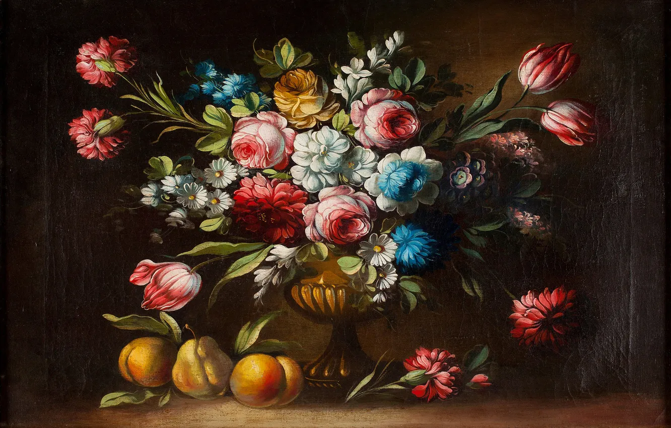 Photo wallpaper flowers, bouquet, vase, fruit, still life