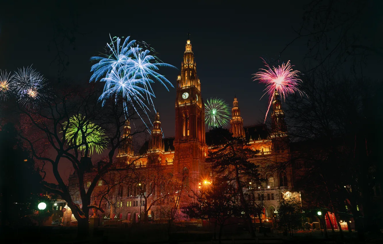 Photo wallpaper night, lights, holiday, watch, tower, salute, Austria, fireworks