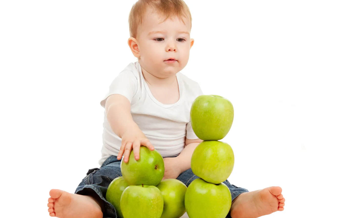 Photo wallpaper apples, boy, white background