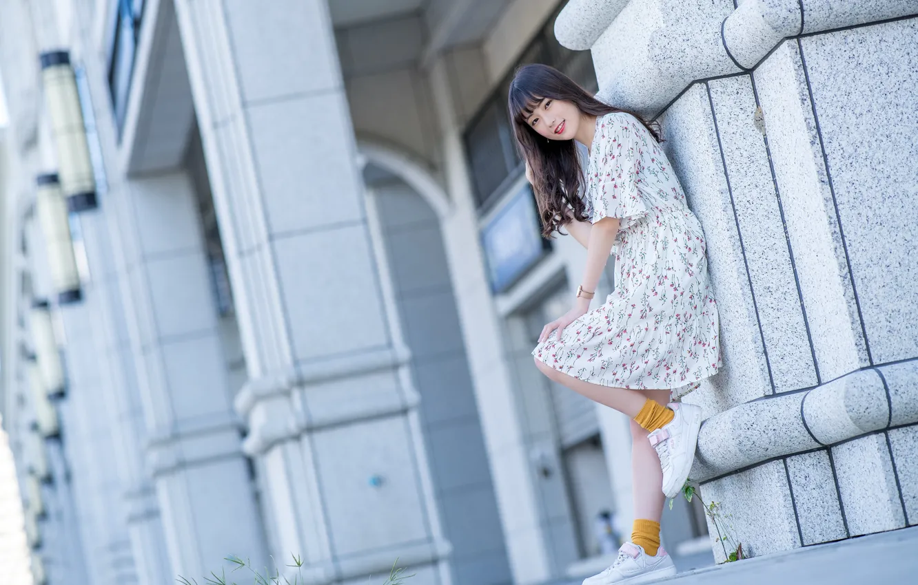 Photo wallpaper look, girl, pose, Asian, cutie, bokeh, dress