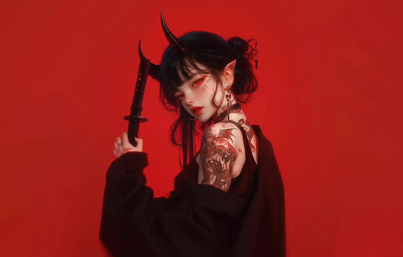 Photo wallpaper demon, girl, devil, katana, tattoo, red background, horn, demon girl