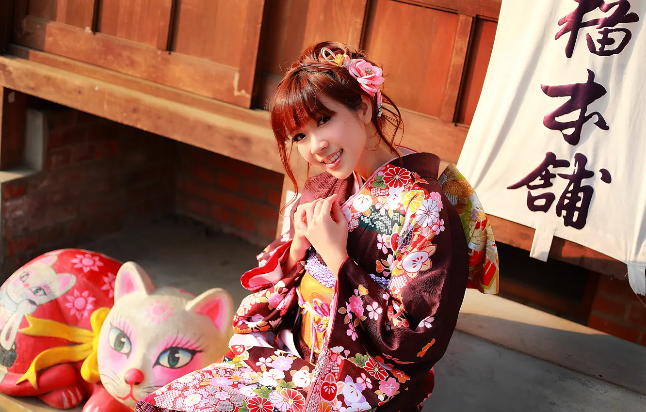 Photo wallpaper look, girl, face, smile, style, clothing, kimono, Asian