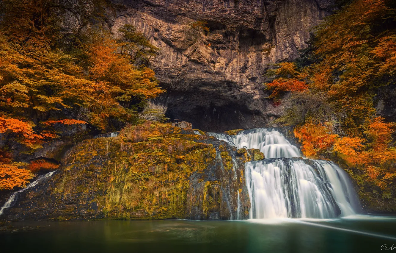 Photo wallpaper autumn, trees, rock, river, France, waterfalls, cascade, the grotto