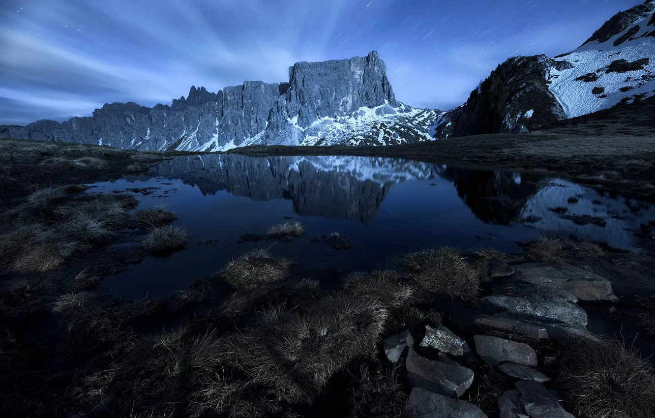 Photo wallpaper the sky, snow, mountains, night, lake, reflection, stones, rocks