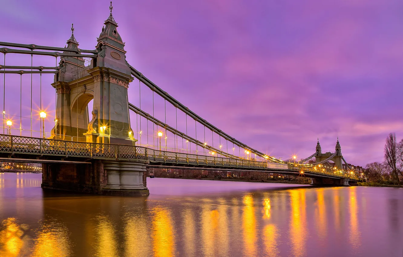 Photo wallpaper bridge, river, England, London, the evening, lights, London, England