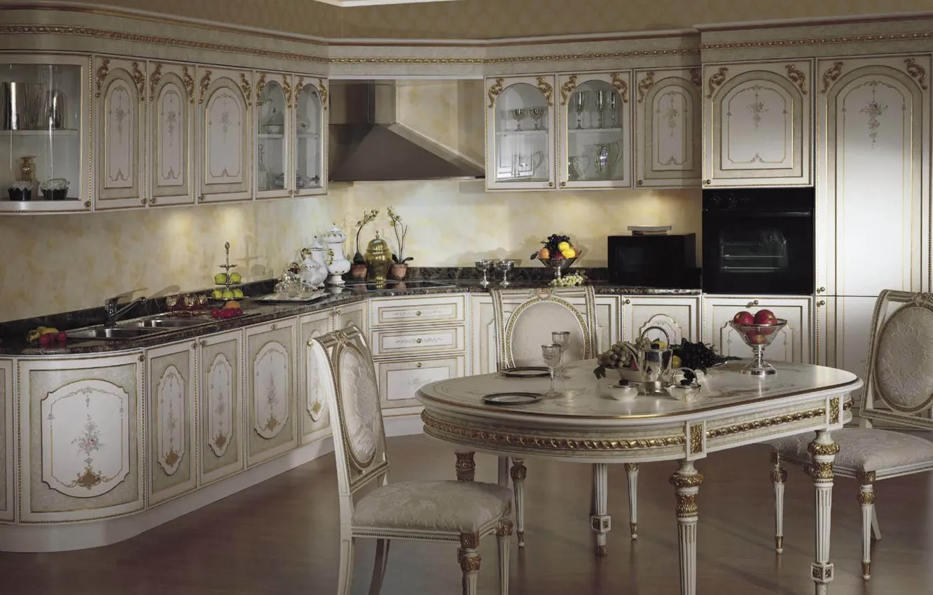 Photo wallpaper white, design, table, gold, furniture, chairs, interior, kitchen