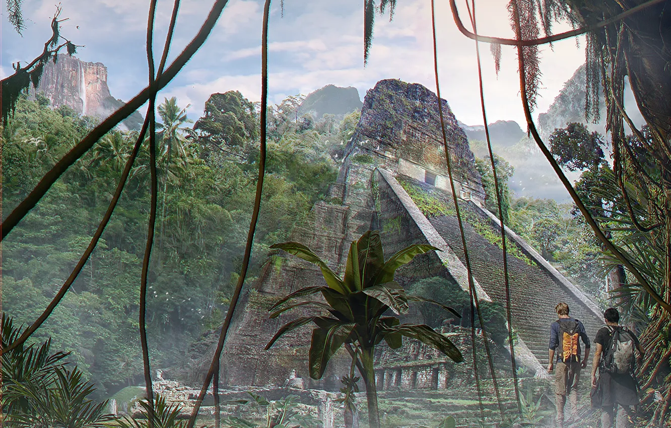 Photo wallpaper forest, mountains, traveler, pyramid, Jungle temple