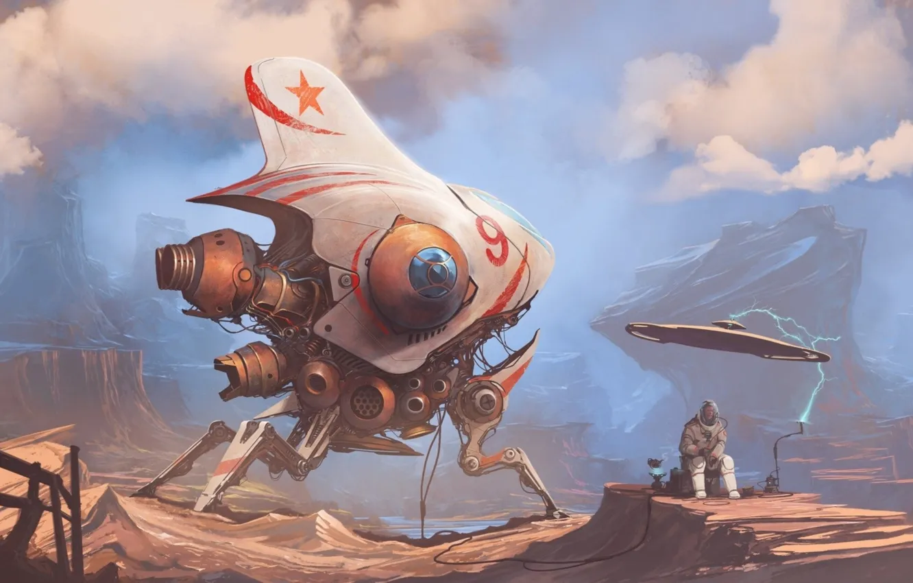 Photo wallpaper clouds, people, ship, science fiction, sci fi