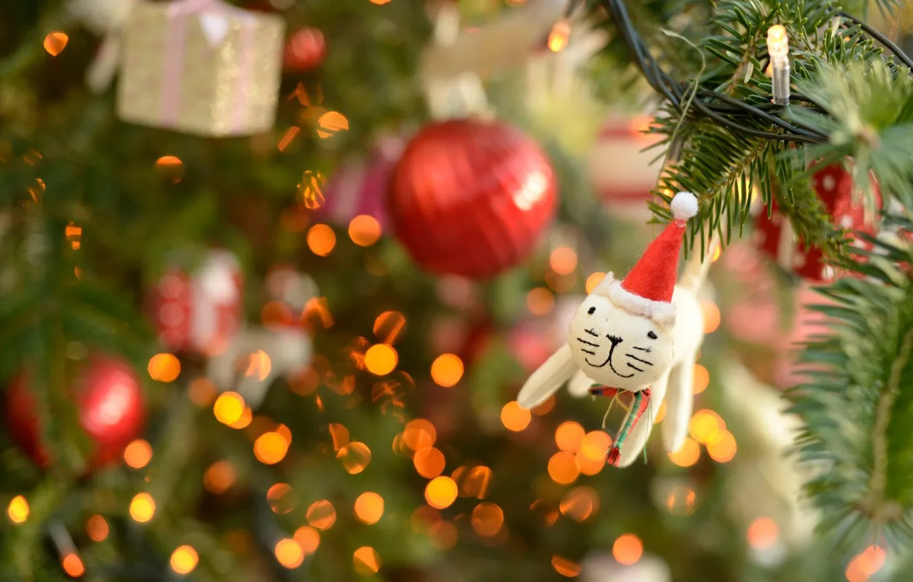 Photo wallpaper cat, white, cat, balls, decoration, red, lights, holiday