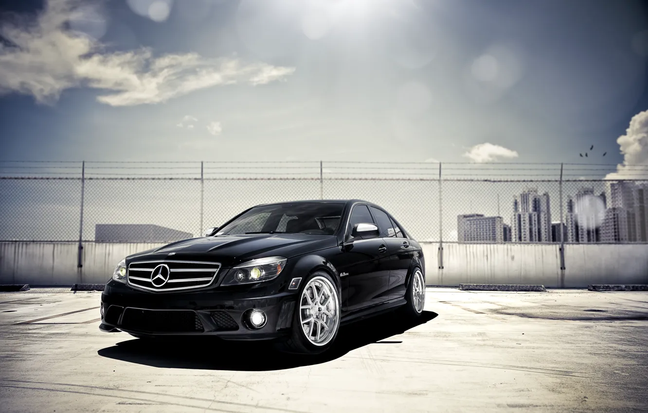 Photo wallpaper black, Mercedes-Benz, Parking, black, Blik, skyscrapers, front, Mercedes Benz