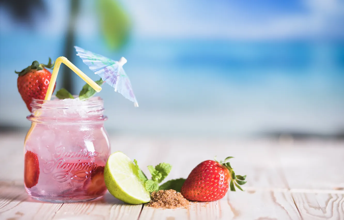 Photo wallpaper strawberry, lime, drink, mint, drink, fruits, tropical