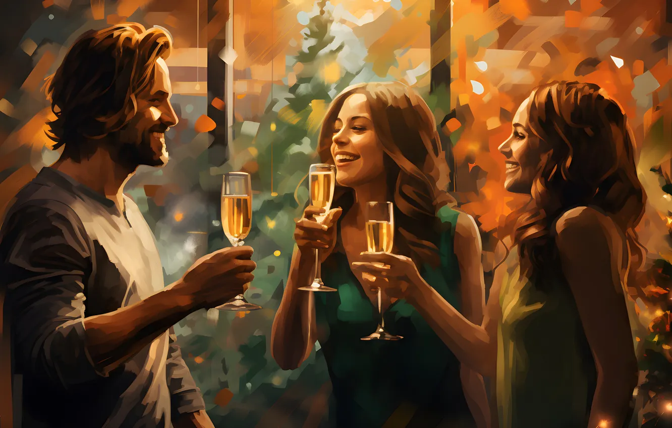 Photo wallpaper girl, smile, glass, new year, Christmas, male, three, digital art