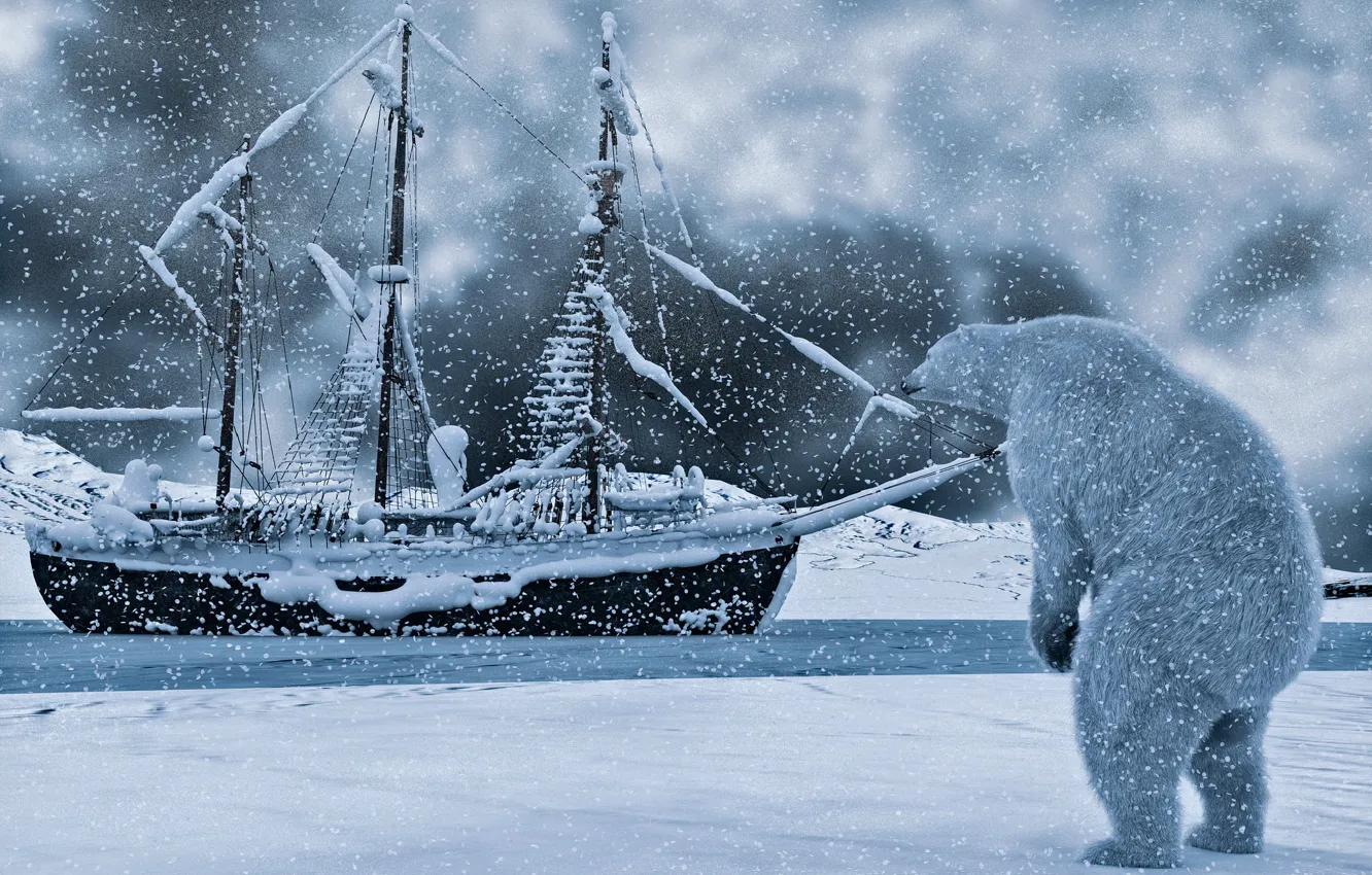 Photo wallpaper winter, snow, rendering, ship, polar bear, Arctic