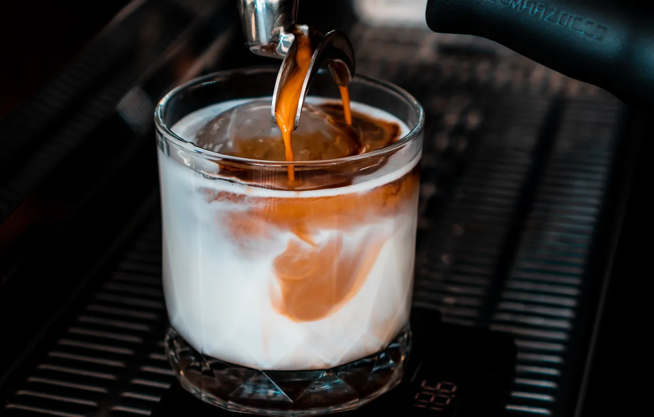 Photo wallpaper coffee maker, a glass with a drink, electronic scales