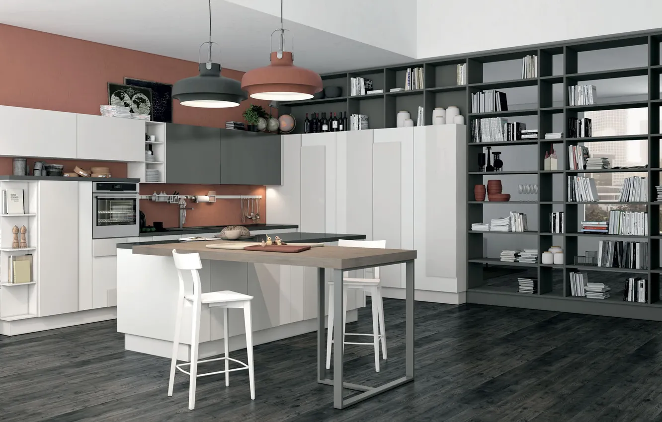 Photo wallpaper style, interior, Italy, kitchen, dining room, dining area, Italian design, soft loft