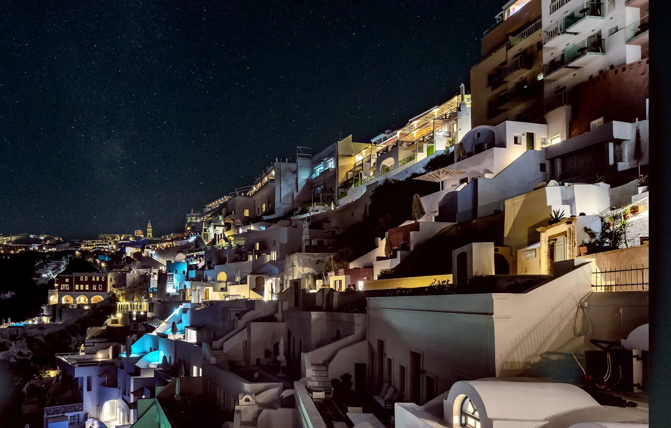 Photo wallpaper night, lights, home, Santorini, Greece, slope, Thira