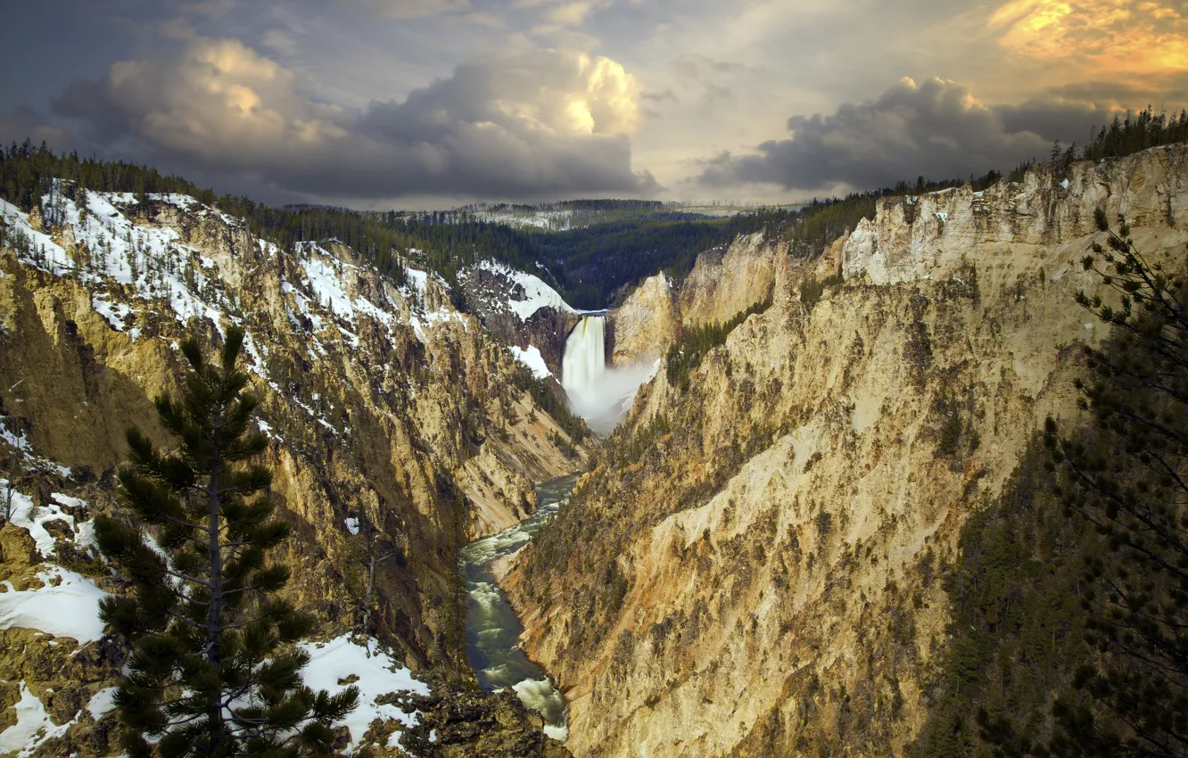 Photo wallpaper snow, river, waterfall, gorge