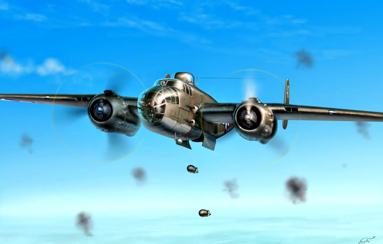 Photo wallpaper bomber, USAF, average, B-25J, B-25 Mitchell, bombs, Radial engine Wright R-2600 "Cyclone"