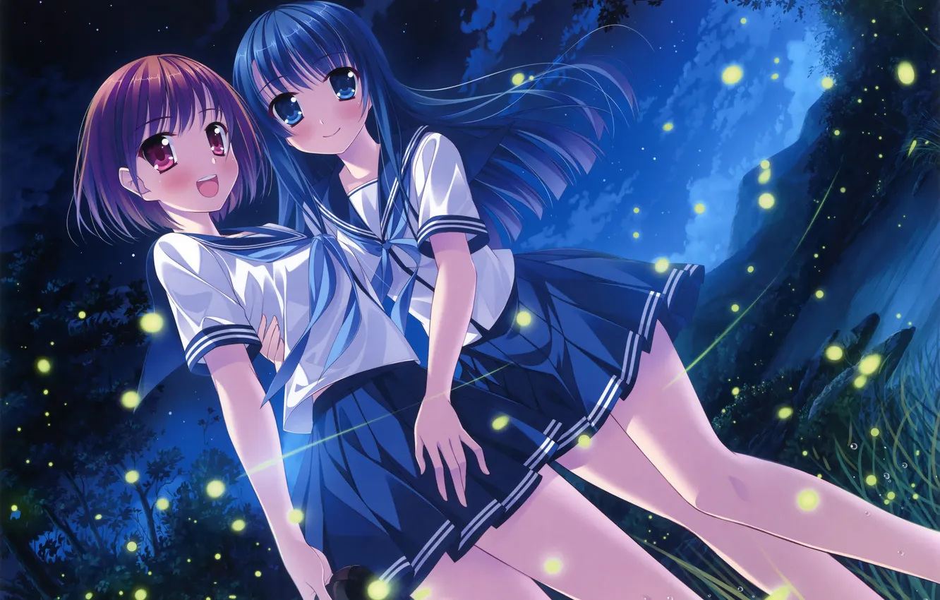 Photo wallpaper the sky, grass, girl, stars, clouds, trees, night, nature