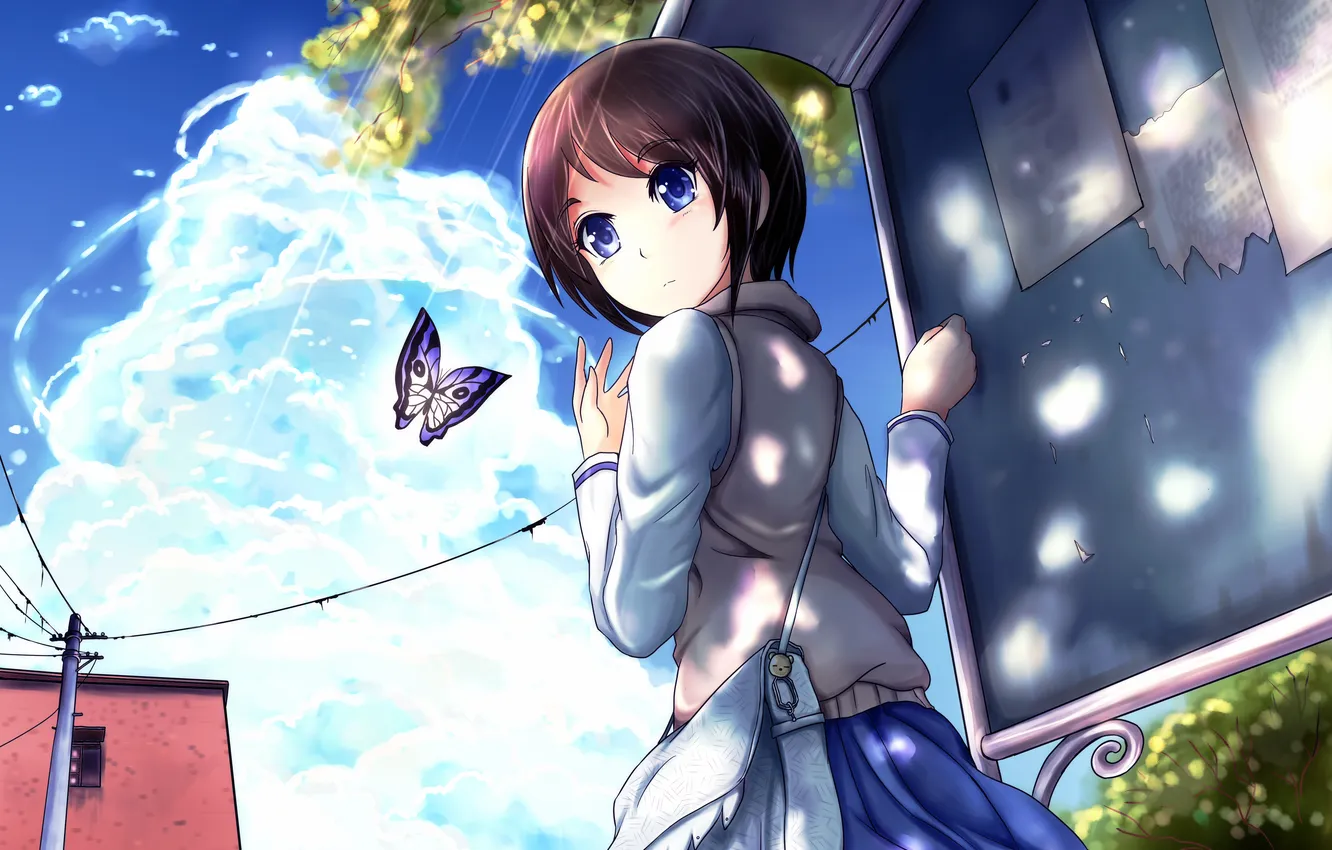 Photo wallpaper summer, girl, the city, butterfly, bag