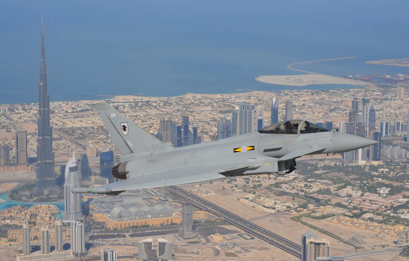 Photo wallpaper flight, the city, fighter, Dubai, Eurofighter Typhoon